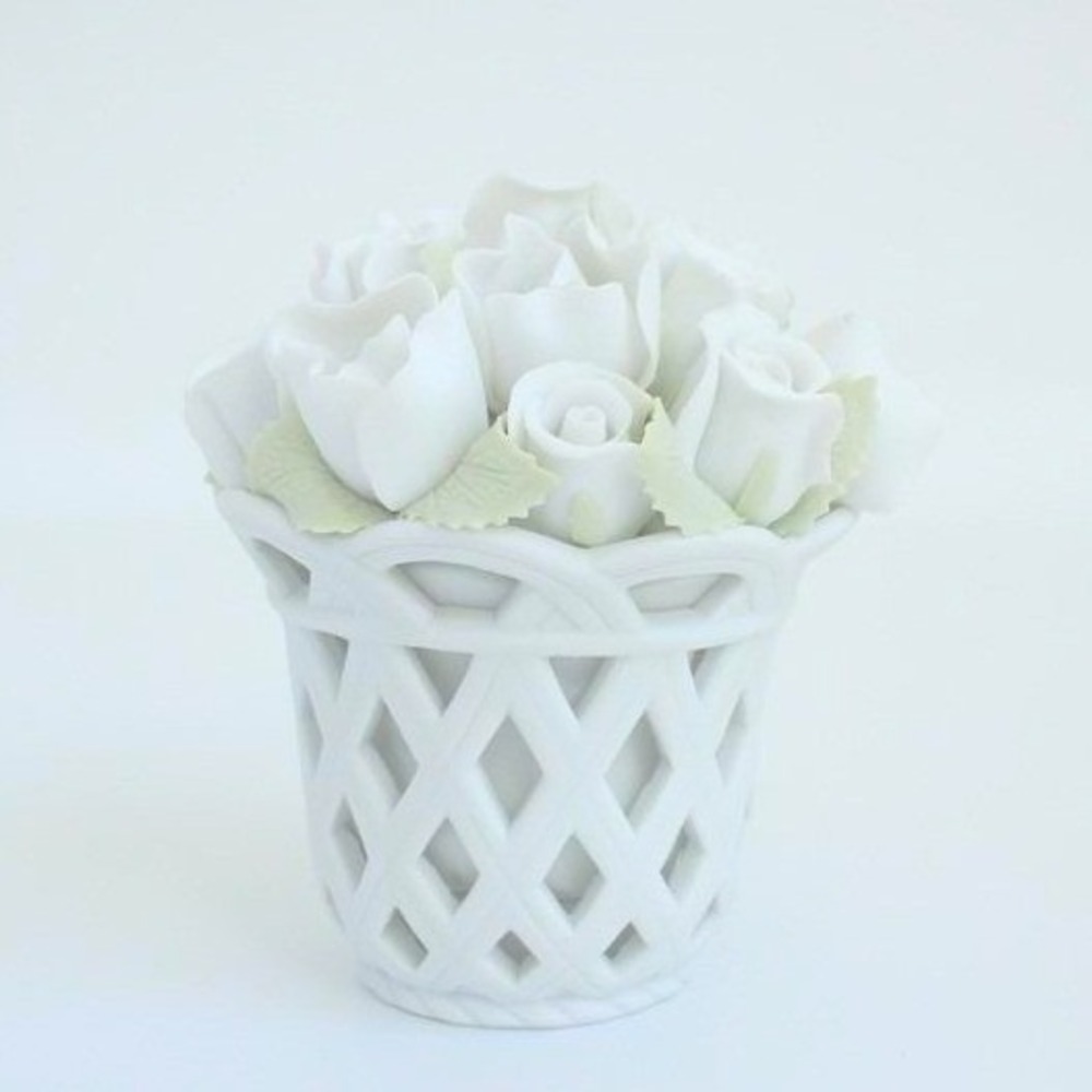 White Porcelain Rose Bouquet in Lattice Weave Basket Figurine 4" Decor